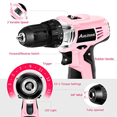 AVID POWER Cordless Drill Pink, 12V Power Drill Set with 22pcs Impact Driver Bits, 2 Variable Speed, 3/8'' Keyless Chuck, 15+1 Torque Setting (Pink)