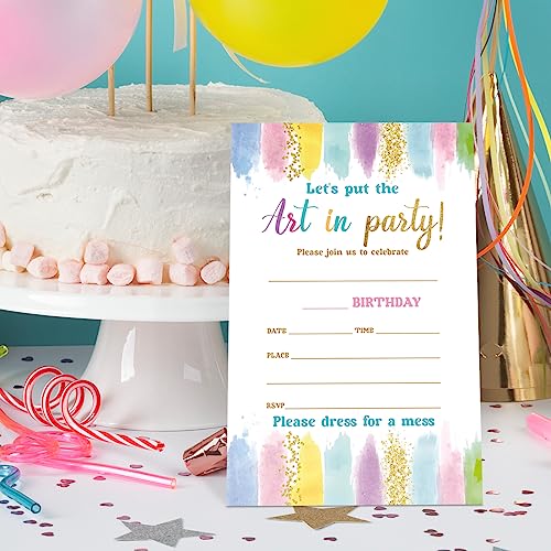 UDNADKEX Art Birthday Invitations Girl with Envelopes, Invites for Girls Birthday Party Art Painting, Paint Birthday Party Invitations Cards, 4"x6" Set of 20, Let's Create & Celebrate