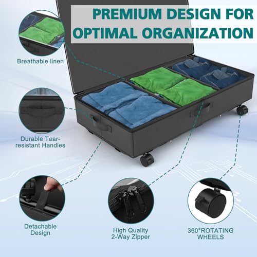 3rd Generation Under Bed Storage with Wheels 2-in-1 Underbed Storage Bins Containers Label Shoe Storage Organizer Drawer Bag Clear Window Solid Fabric for Bedroom Clothes Shoe Blanket (two-grey)