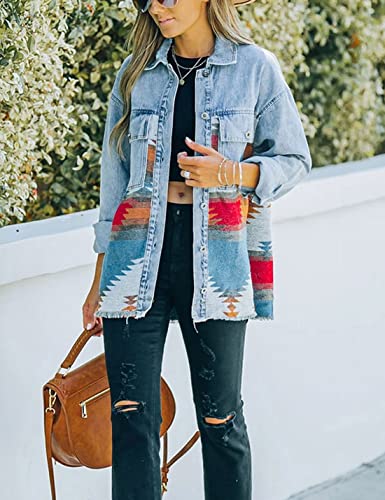 happlan Aztec Shacket Jacket for Women Wool Blend Lapel Button Down Print Shirt Coat (0332-Blue-M)