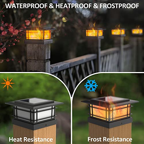 Dynaming 2 Pack Solar Post Cap Lights Outdoor with Flickering Flame Light, Fence Post Solar Lights Fit for 4x4 5x5 6x6 Vinyl/Wooden Posts, High Brightness SMD LED Lighting Decor for Garden Deck Patio