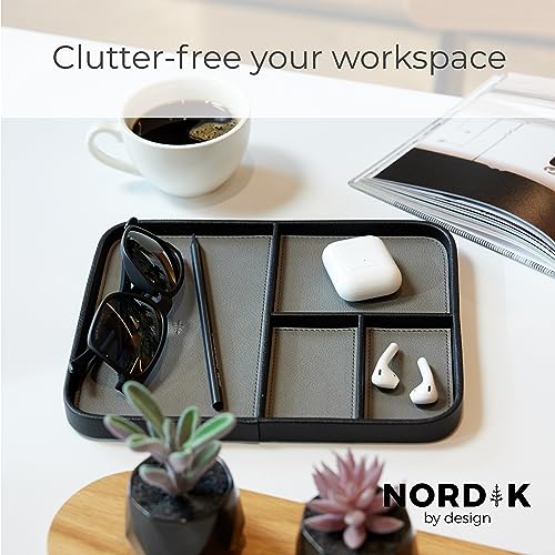 Nordik Leather Valet Tray - Pebble Black - Premium Vegan Leather Stylish and Organised Nightstand Tray for Men - EDC Catchall Tray for Keys, Watch, Wallet, Jewellery - Modern Bedside Caddy