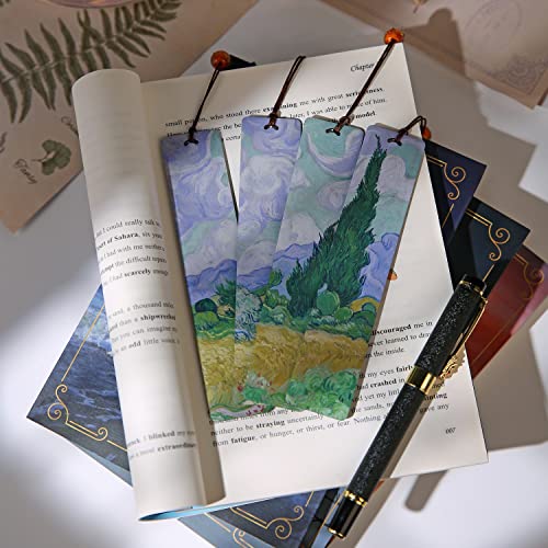 Donxote Bookmark Set of 4, Van Gogh Wooden Aesthetic Art Bookmarks with Gift Box, Book Mark for Book Lovers, is A Unique Gift for Men, Women - A Wheatfield with Cypresses