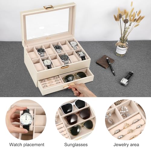 Voova Jewelry Box Watch Boxes Organizer for Men Women, 2 Layer Large 12 Slot PU Leather Watch Storage Case, Glass Top Jewelry Display Holder for Watches Sunglasses Rings Necklaces Bracelets,Apricot