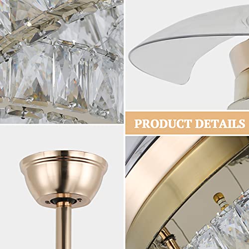 diisunbihuo 42" Gold LED Fandeliers with Lights Dimmable Crystal Ceiling Fan with Lights Individual 3 LED Color Change with Timi Memory Function
