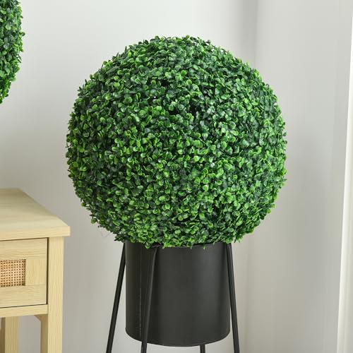 HOMCOM Set of 2 15.75 Inch Artificial Ball Boxwood Topiary Trees Balls, Indoor Outdoor Fake Plants for Home, Office & Living Room Decor