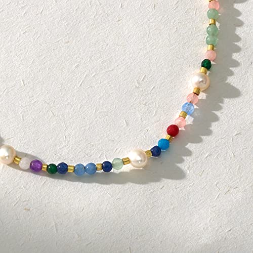 KissYan Beaded Choker Necklace for Women, Colorful Natural Gemstones Pearl Choker 14K Gold Plated Pendant Healing Crystal Necklace Stone Jewelry Gift for Teen Girls(Shell Stone)