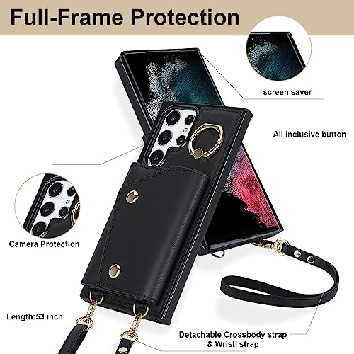 Asuwish Phone Case for Samsung Galaxy S22 Ultra 5G Wallet Cover with Screen Protector and Ring Stand Credit Card Holder Slot Crossbody Strap Cell S22ultra 22S S 22 S22ultra5g 6.8 Women Girls Men Black