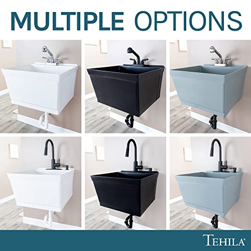 JS Jackson Supplies Tehila Black Wall-Mounted Utility Sink Tub Kit with Black Pull-Down Faucet, Wall-Mounted Utility Tub with Wall Bracket for Laundry Room, Garage, Workshop