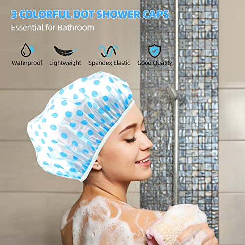 MZD8391 Shower Cap, Reusable Shower Hat Bath Caps - Waterproof with Elastic Band Hair Hat for Men Women Ladies Spa Salon (Coloful Dotted) (6 Packs)