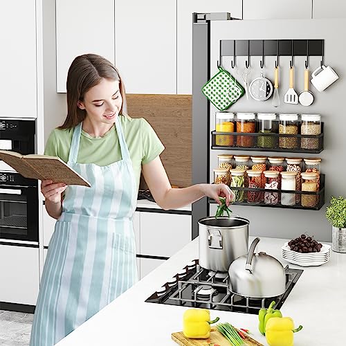 Aufworld Magnetic Spice Rack for Refrigerator, 3 Pack Magnetic Shelf, Moveable Fridge Organizer with 8-Hook Rack, Seasoning Organizer for Kitchen