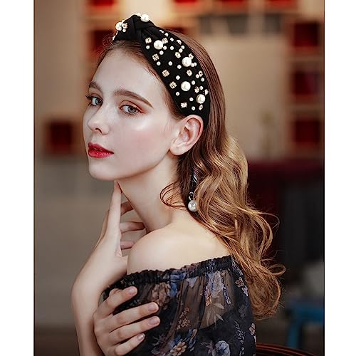Atoden Black Wide Top Knot Headband with Pearl Rhinestone for Women's Hair Embellished Headbands Non Slip Sparkly Hair Bands Fashion Hair Accessories