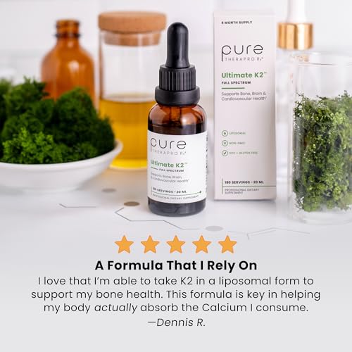 Pure TheraPro Rx Ultimate K2 Supplement | Liquid Liposomal Vitamin K2 Drops | 90 Servings | 600mcg Vegan K2 as All-Trans MK4 & Patented MenaQ7 MK7 | Supports Bone Health, Beautiful Skin & Hair | 10 mL