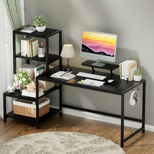 GreenForest Computer Desk 58 inch with Printer Shelf, Reversible Office Desk with Monitor Stand and 2 Hooks, Home Workstation for Study Writing Working Gaming, Black