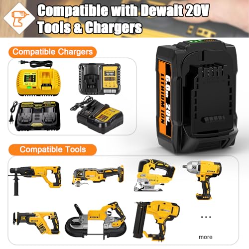 KIGWOF 2 Packs 20V Replacement for DeWalt 20V MAX Battery 6Ah, Compatible with 20 Volt Dewalt Batteries Cordless Power Tools with LED Indicator DCB200 DCB206 DCB204 DCB203 DCB210