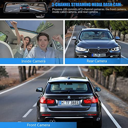PRUVEEO 2K Mirror Dash Cam 3 Channel,Rear View Mirror Camera,Dash cam Front and Rear Inside,12'' Full Touch Screen, IR Night Vision,GPS,Parking Assistance,Free128GB Card