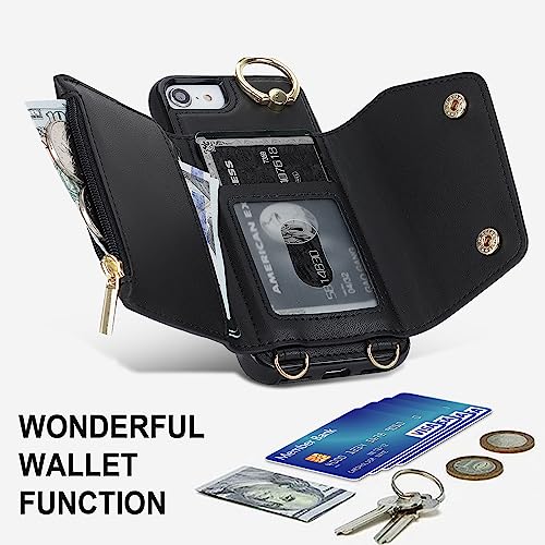 Phone Case for iPhone 7/8/SE 2020/2022 Wallet Cover with Screen Protector Ring Stand Card Holder Crossbody Strap Cell iPhone7 iPhone8 7s 8s i SE2020 SE2022 2/2nd/3/3rd Generation SE2 SE3 Women Black