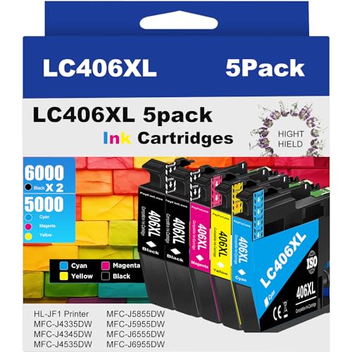 LC406XL Ink Cartridges Compatible for Brother LC406XL LC406 for Brother MFC-J4335DW MFC-J4535DW MFC-J4335DW MFC-J5855DW MFC-J6555DW MFC-J6955DW Printer 5 Pack(2 Black Cyan Magenta Yellow)