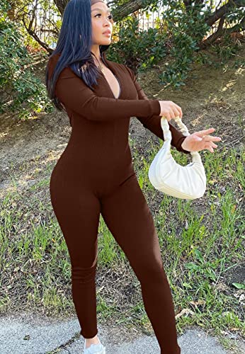 Mizoci Women's Sexy Bodycon Long Sleeve One Piece Jumpsuit V Neck Zip Up Ribbed Full Romper, S, Coffee