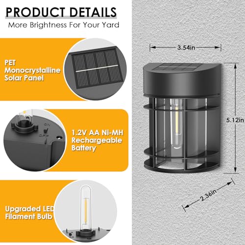 Mancra Solar Fence Lights Outdoor, 6 Pack Solar Deck Lights LED Filament Bulb Solar Wall Lights Waterproof Patio Decor for Porch Backyard Yard Garden, 3000K