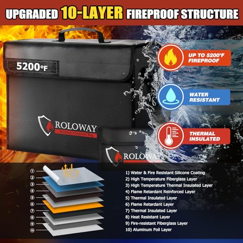 ROLOWAY Large Fireproof Bag 5200°F Heat Insulated (17 x 12 x 5.8 inches), Fireproof Document Bag with Fireproof Money Bag for Cash Safe, Fireproof Document Box, Fireproof Safe Bag for Document Safe