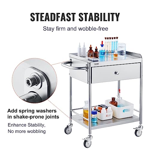 VEVOR Medical Cart, 2 Layers Stainless Steel Cart 220 lbs Weight Capacity, Lab Utility Cart with 360° Silent Wheels and a Drawer for Lab, Clinic, Kitchen, Salon, Silver