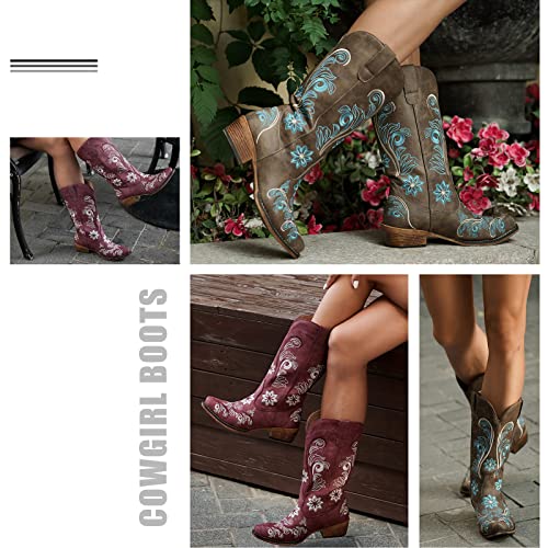 IUV Cowboy Boots For Women Mid Calf Western Boots Cowgirl Pull-On Tabs Pointy Toe Boot