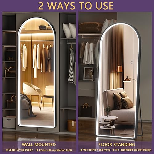 Hasipu Full Length Mirror with Lights, 71" x 24" LED Lighted Floor Standing Mirror, Full Body Dressing Hanging Mounted Mirror, Dimmable, Tempered Glass, Safe to Use, Square White