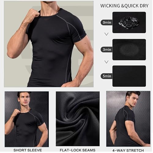 LANBAOSI 3 Pack Men's Compression Shirts Short Sleeve Compression Base Layer Cool Dry Athletic Undershirt Workout T Shirt