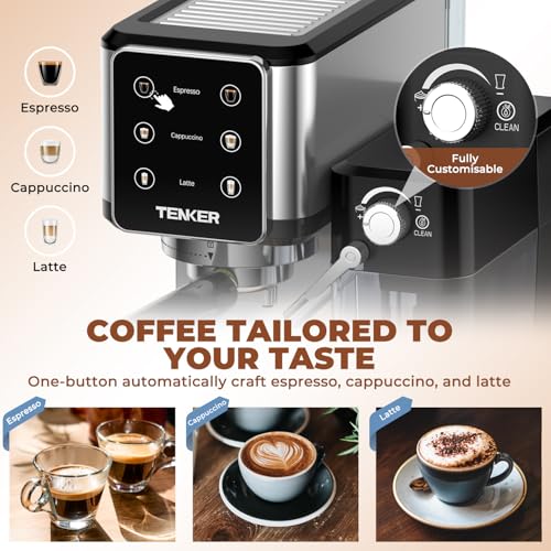 TENKER Espresso Machine 20 Bar, Cappuccino Machine with Automatic Milk Frother, Latte Machine in Stainless Steel Design, 1350W Touchscreen Coffee Maker for Home and Office (Silver)