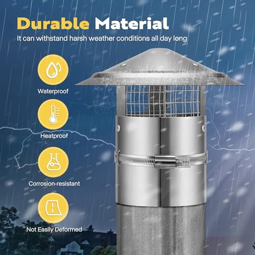 VIVOHOME 4" Cone Top Chimney Cap with Screen, Round Roof Rain Chimney Cover, Galvanized Steel Fireplace Exhaust Cap, Adjustable Roof Cap for Vent