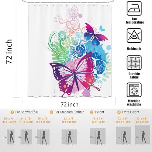 Emwnodti Butterfly Shower Curtain for Bathroom Set, Dreamlike Fantasy Nature Art Flower Butterfly Bath Curtain, Fabric Waterproof Bathroom Accessory Set for Woman Gril, 72x72 inch with 12 Hooks
