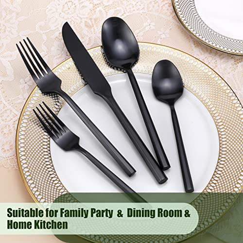 DEACORY Silverware Set Flatware Set Matte Black Cutlery Set Brushed Finished Hexagon Handle Heavy Stainless Steel 20 Pieces Dishwasher Safe Service for 4