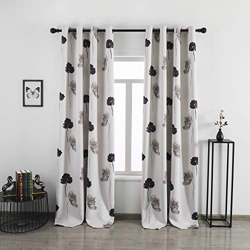 Taisier Home Floral Print Thermal Insulated Bedroom Heat Absorbing Room Darkening Energy Efficient Savings Living Room Window Curtain Grommet Panels, Set of 2, 52 W x 63 L, Black/Grey/Brown
