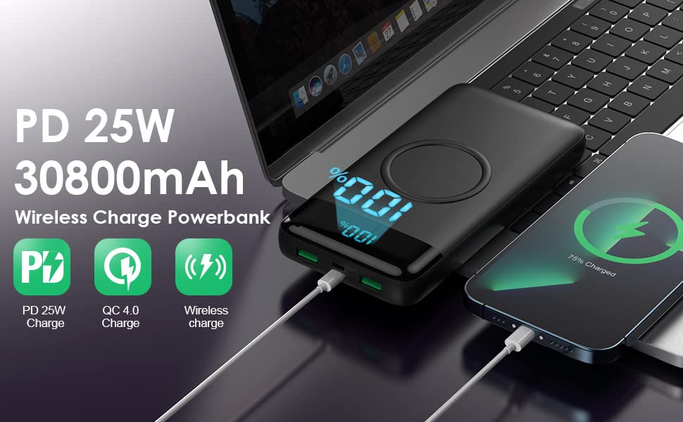 Wireless Portable Charger 30,800mAh 15W Wireless Charging 25W PD QC4.0 Fast Charging Smart LCD Display USB-C Power Bank, 4 Output External Battery Pack Compatible with iPhone 15/14/13/12, Samsung etc