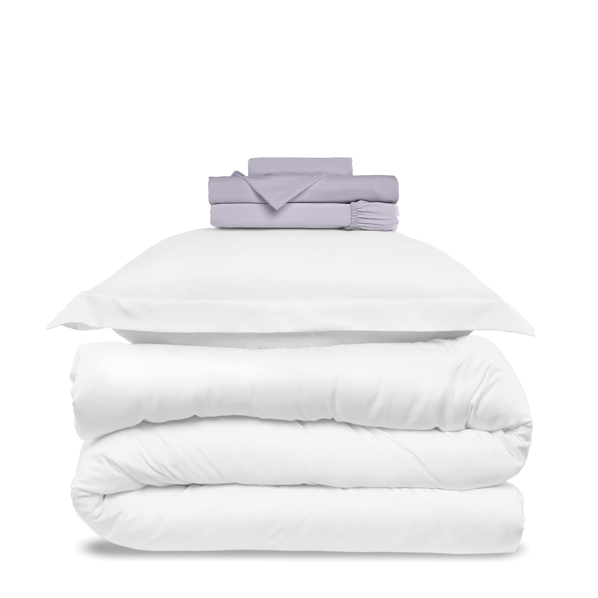 Mellanni Twin Bed Sheet Set + Duvet Cover Set Bundle&Save - Hotel Luxury Bedding - Bundle Includes: 3pcs Bed Sheet Set and 3pcs Duvet Cover Set (Twin, Lavender/White)