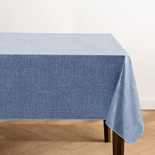 Elrene Home Fashions Monterey Linen Inspired Water- and Stain-Resistant Vinyl Tablecloth with Flannel Backing, 52 inches X 52 inches, Square, Blue