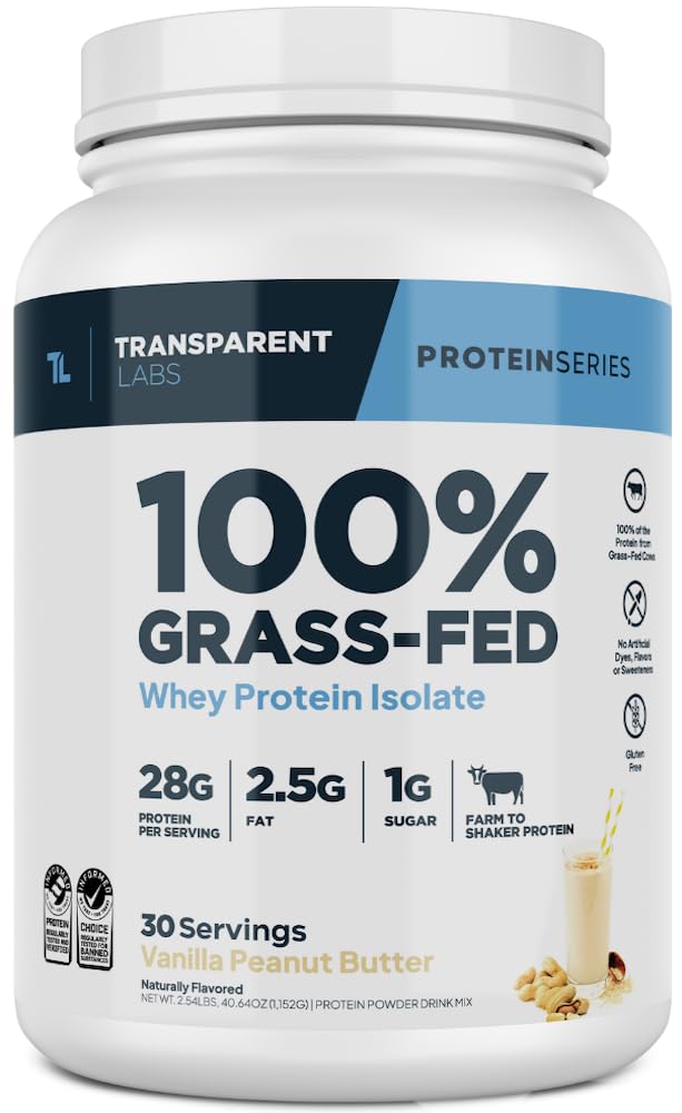 Transparent Labs Grass-Fed Whey Protein Isolate - Natural Flavor, Gluten Free Whey Protein Powder w/ 28g of Protein per Serving & 9 Essential Amino Acids - 30 Servings, Vanilla Peanut Butter