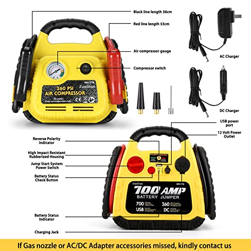 ZunDian Jump Starter with Air Compressor 260PSI, 1000A Portable Car Jump Starter, 4-in-1 Battery Booster Pack for Vehicles(3L Gas/Diesel), Safety Jumper Cable with USB/DC Port