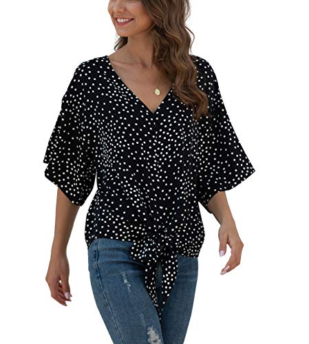 VIISHOW Women Bell Sleeve Shirt Tie Knot Casual Chiffon Blouses Tops Independence Day Tshirt,Flag White,Medium
