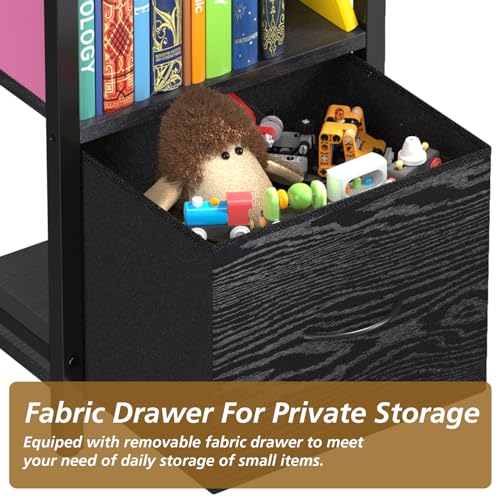 Narrow-Bookshelf-With-Storage-Drawer, 5-Tier Small Standing Book Shelf Organizer For Small Space, Tall Thin Bookcase Shelf For Bedroom Living Room Office, Wooden Shelving Unit Rack For Display
