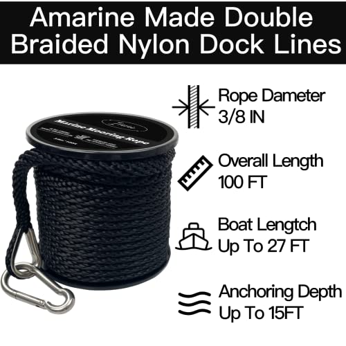 100 FT Double Braided Nylon Boat Anchor Rope 3/8inch with 316 Stainless Steel Thimble and Heavy Duty Snap Hook Marine Grade Anchor line Black