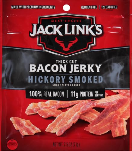 Jack Link's Bacon Jerky, Hickory Smoked, 2.5 oz. Bag - Flavorful Ready to Eat Meat Snack with 11g of Protein, Made with 100% Thick Cut, Real Bacon - Trans Fat Free (Packaging May Vary)