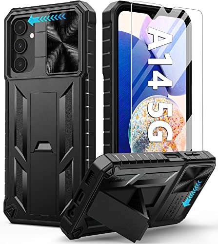 FNTCASE for Samsung Galaxy A14-5G Case: Protective Shockproof Rugged Military Grade Drop Protection A14 Cell Phone Mobile Cover with Kickstand | TPU Matte Textured Tough Hybrid Hard Cases - Black