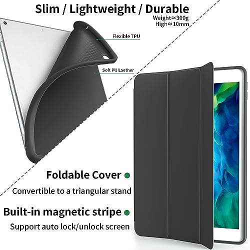 JKSML 10.2" Case for iPad 9th/8th/7th Generation 2021/2020/2019 with Pencil Holder, Auto Sleep/Wake Case Compatible for iPad 10.2 inch, Soft Silicone Slim Shockproof Trifold Stand Cover, Black