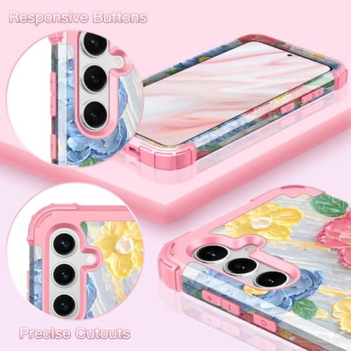 LONTECT for Galaxy S24 Plus 5G Case Shockproof 3 in 1 Heavy Duty Hybrid Rugged Full Body Protective Cute Oil Painting Flowers Cover Case for Samsung Galaxy S24+ Plus 5G 6.7 2024,Light Purple