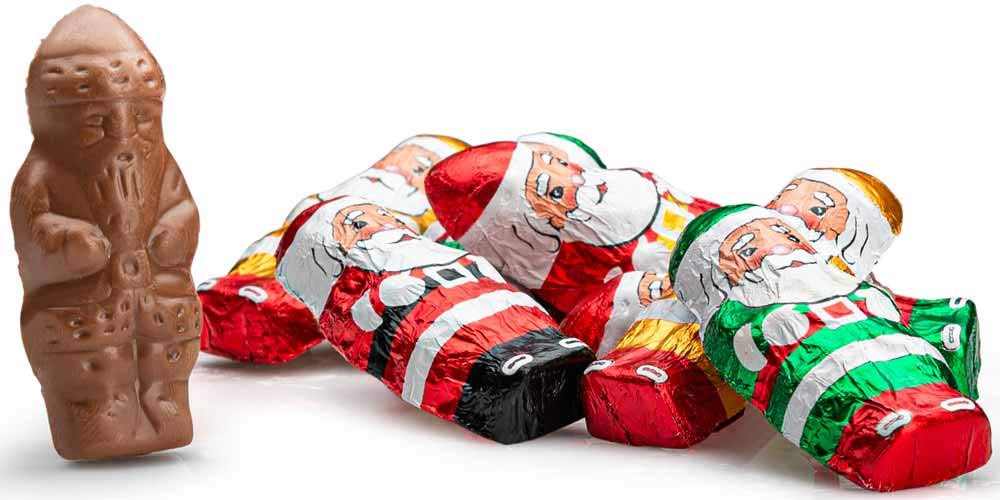 Madelaine Solid Premium Chocolate Mini Santas, (1/2 LB) Wrapped In Italian Foil Featuring Assorted Designs - (Half Pound)