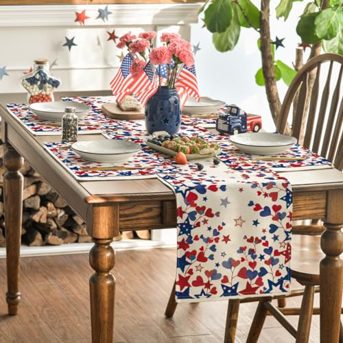 Artoid Mode Blue Red Stars Patriotic 4th of July Table Runner, Seasonal Kitchen Dining Table Decoration for Home Party Decor 13x48 Inch