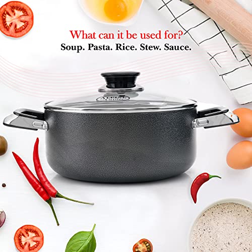 Alpine Cuisine 5.5 Quart Non-stick Stock Pot with Tempered Glass Lid and Carrying Handles, Multi-Purpose Cookware Aluminum Dutch Oven for Braising, Boiling, Stewing