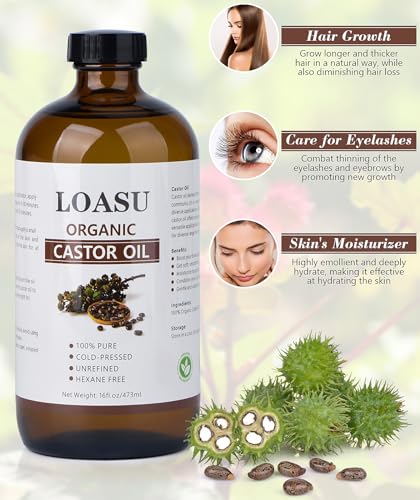 Castor Oil Organic Cold Pressed Unrefined Glass Bottle, 100% Pure Castor Oil, Hexane Free Cold Pressed, Organic Castor Oil for Face, Hair Growth, Eyelashes and Castor Oil Pack, 16fl.oz/473ml